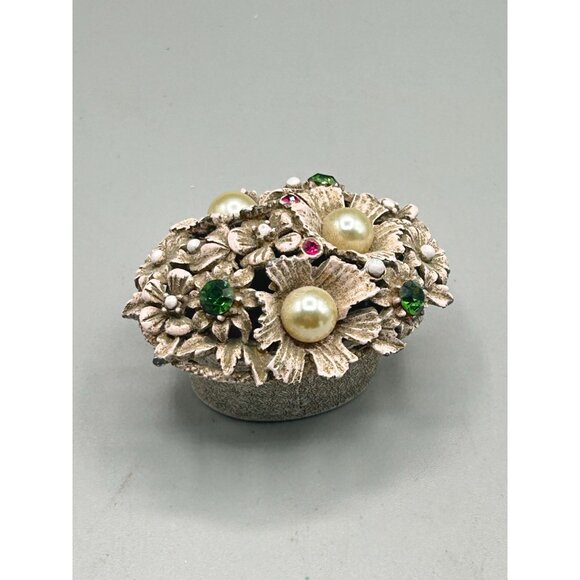 Vintage Florenza Small Enameled Trinket Box Basket of Flowers Rhinestones Pearls - Picture 2 of 14